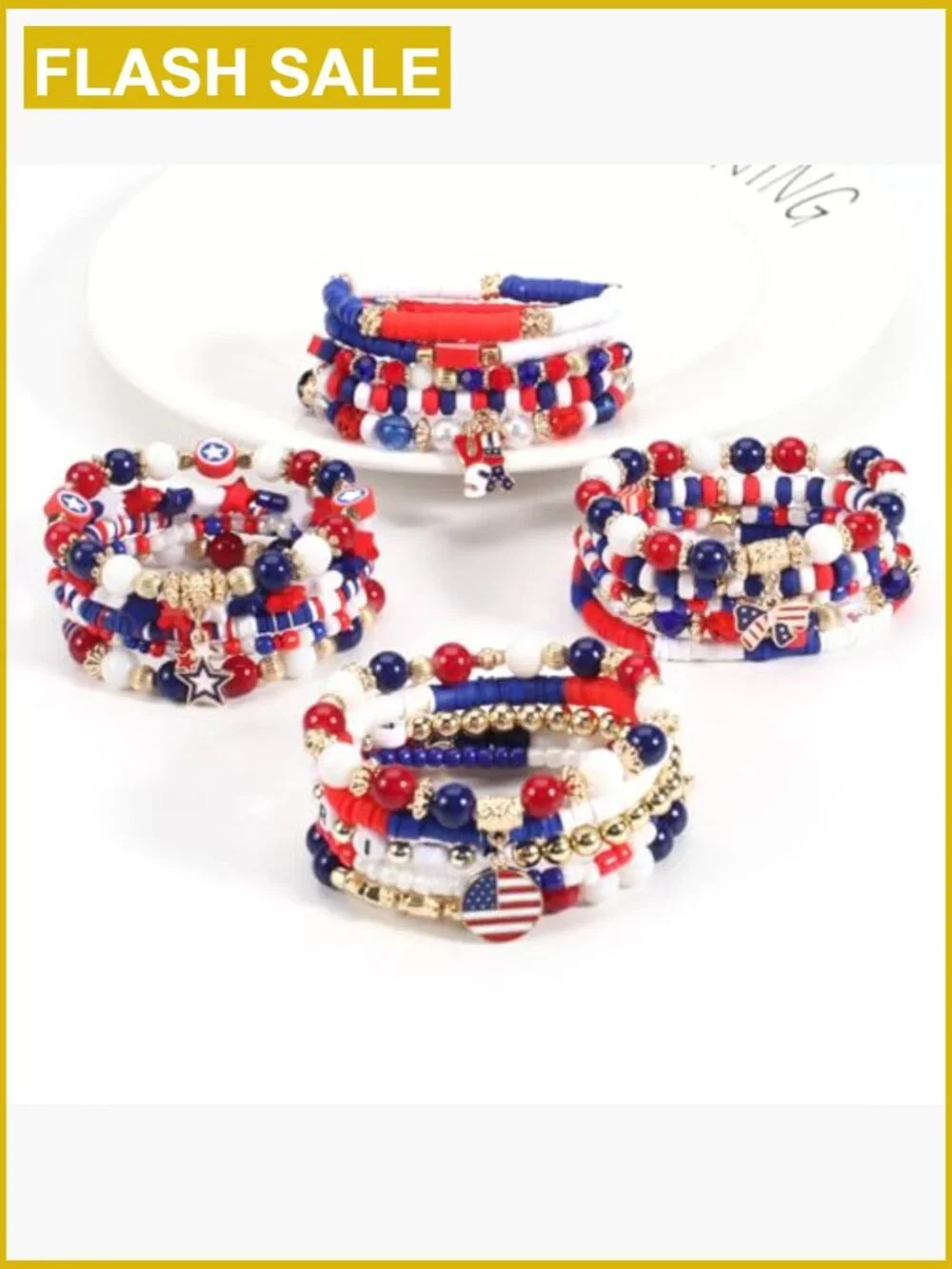 Stretch Multilayer Colorful Beaded Bracelet with Flag Charm 4th of July